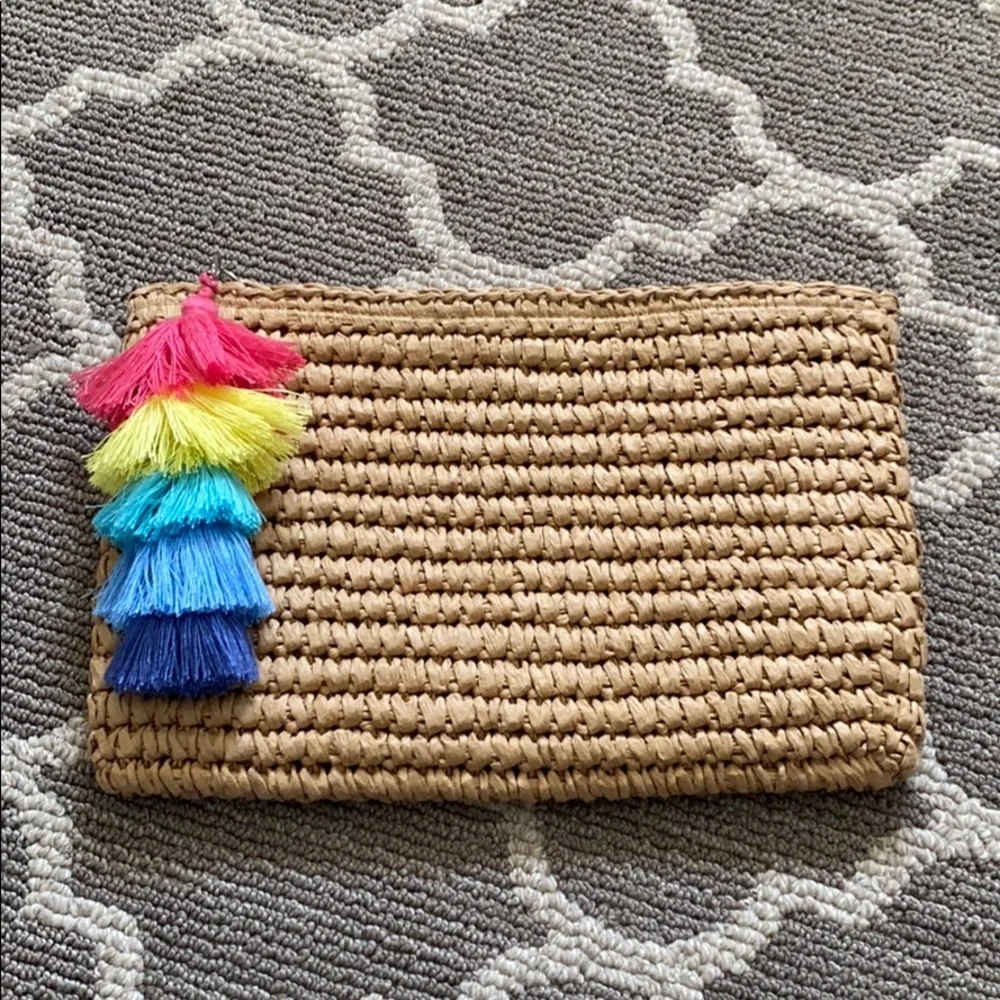 Woven Straw Clutch with Multicolor Tassels - Natural